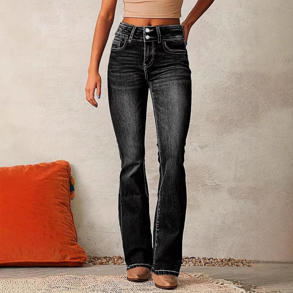 Damen Mittelhohe Schlagjeans Stretch Gewaschene Denimhose Elegante Streetwear Bootcut Jeans