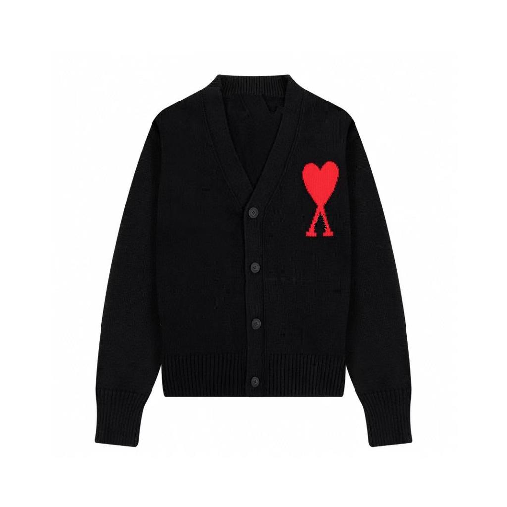 Unisex V-Ausschnitt Herz-Jacquard Strickjacke - Mehrknopfleiste, Langärmlig, Lockere Passform für Frühling und Herbst.