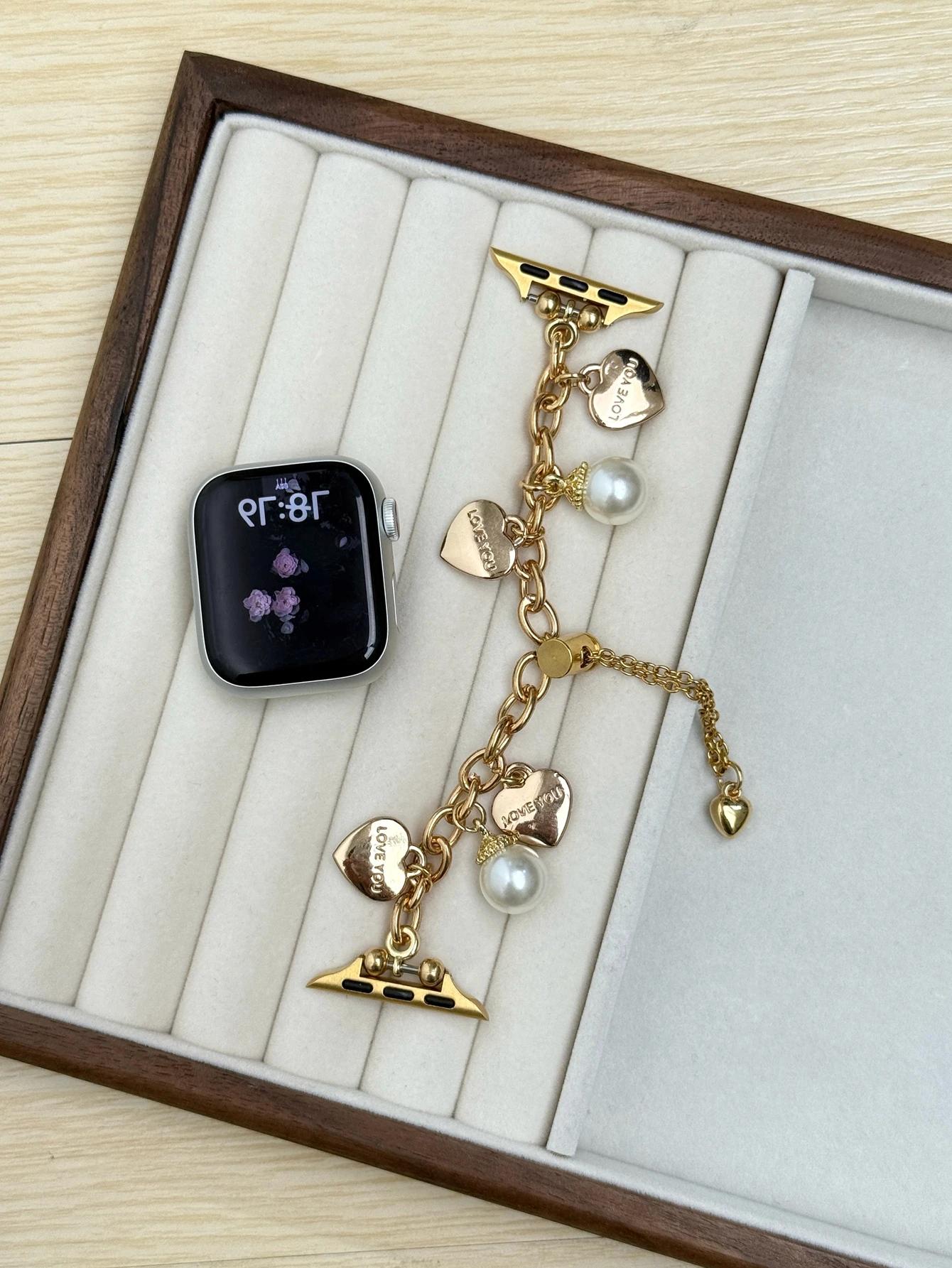 

Красивый браслет-звено с жемчугом в форме сердца для ремешка Apple Watch для женщин 38 мм 40 мм 41 мм 42 мм 44 мм 45 мм 46 мм 49 мм 38mm40mm41mm золотой