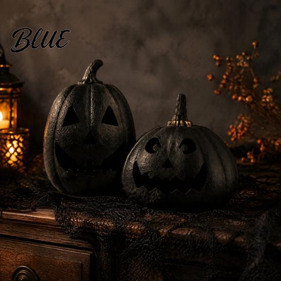 Matte Black Resin Statue Halloween Pumpkin Figurine Spooky Face Sculpture Festival Display Ornament Gothic Tabletop Centerpiece for Home Table