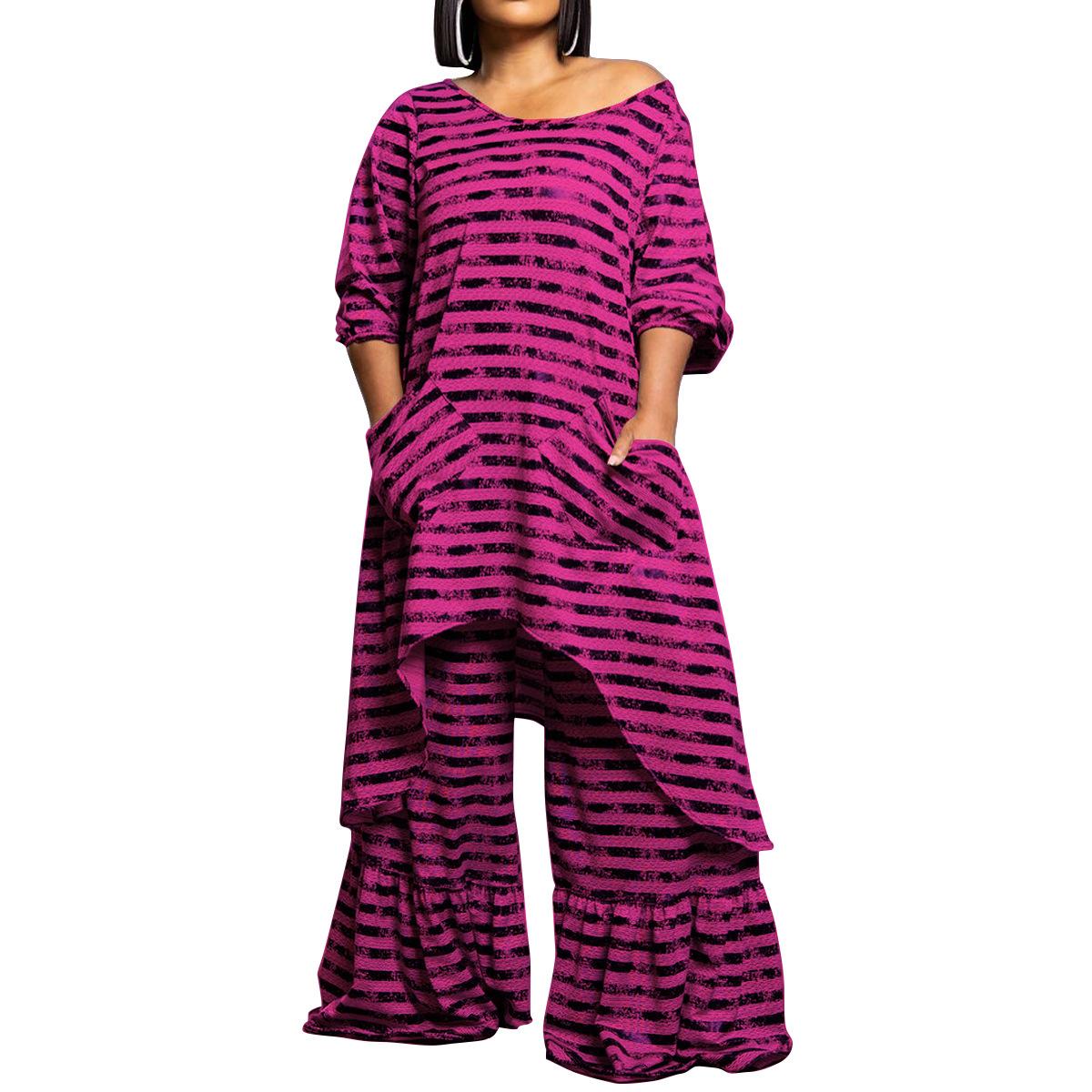 

Женская домашняя одежда весна и осень мода повседневный плюс размер нестандартный комплект широкие брюки костюм 2XL ярко-розовый