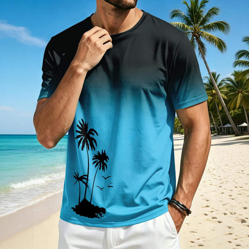 Men’s Summer Crew Neck Short Sleeve T Shirt with Hawaiian Print Casual Comfortable Fit Lightweight Top