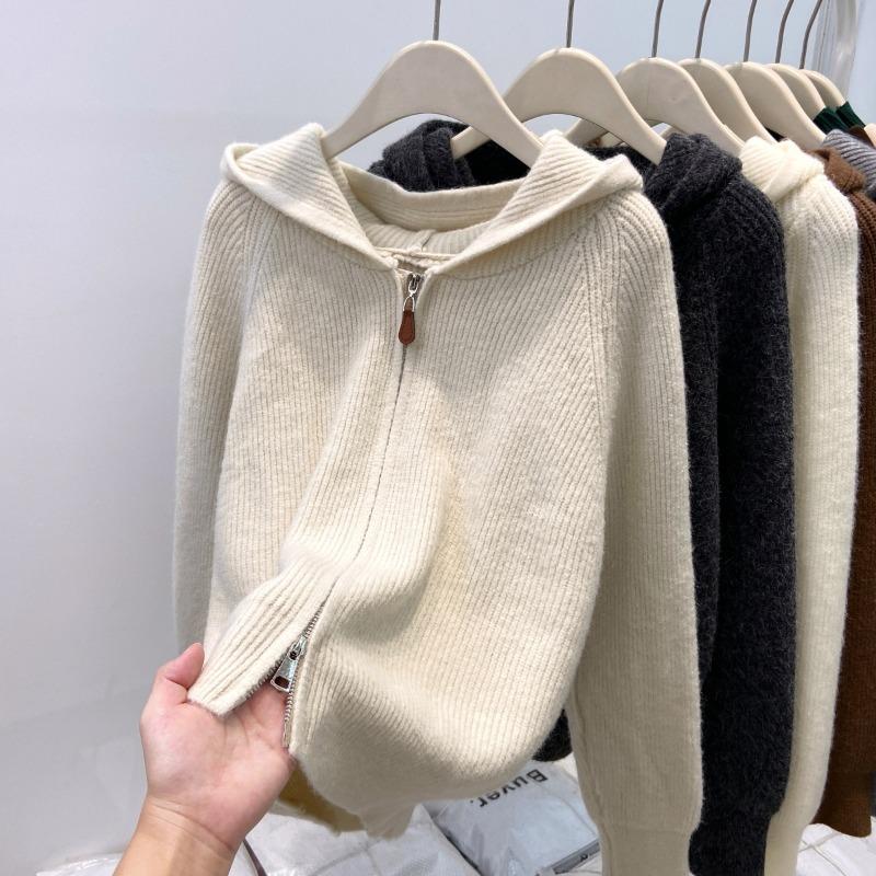 Autumn and Winter Double Zipper Knitted Sweater Jacket Women's Popular Hooded Pit Strip Design Sense Age-reducing Small Cardigan