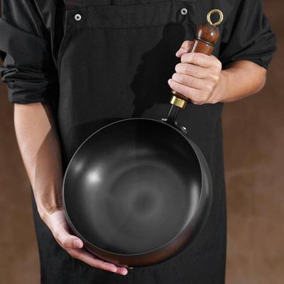 Wok de Fier Tradițional Forjat Manual Oală de Fier cu Burtă Mare Tigaie Antiaderentă Neacoperită Wok de Uz Casnic cu Mâner de Lemn