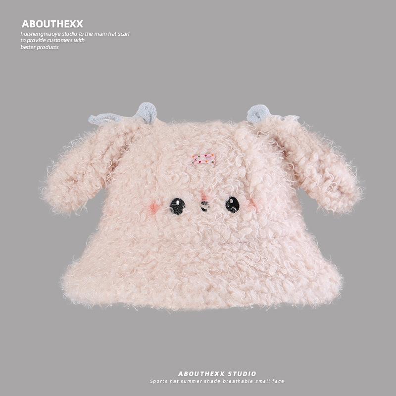 Cute Bunny Lamb Plush Hat for Women Versatile Warm and Cold Proof Fisherman Hat  Autumn and Winter New Ear Protection Basin Hat