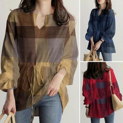 V-Neck Ruffle Cuffs Waist Lace-up Plaid Print Casual Blouse Simple Casual