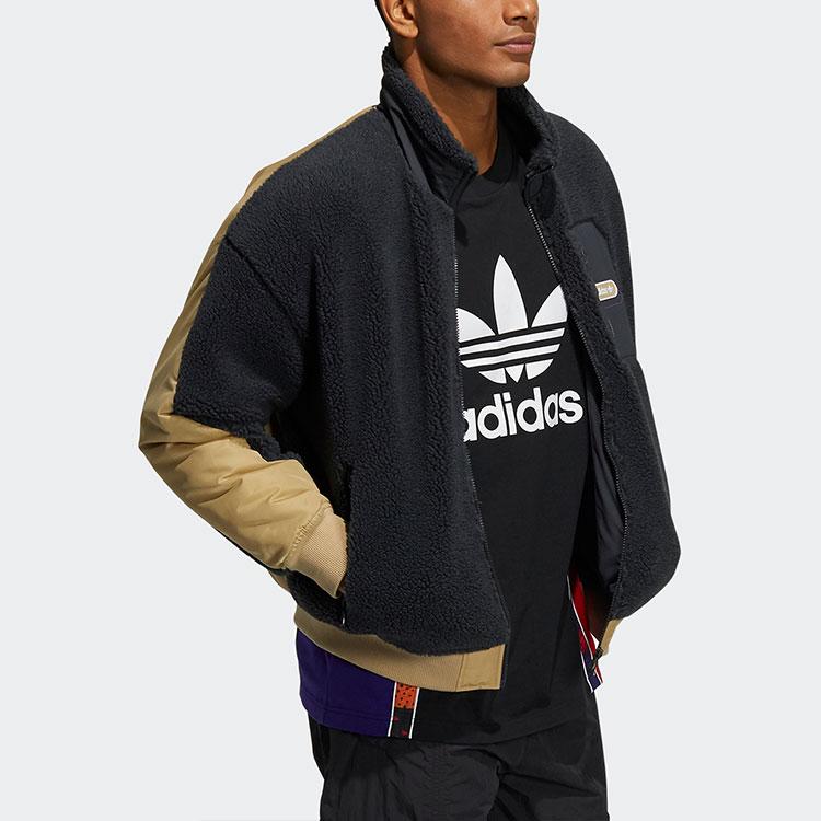 Adidas Originals Mr Sherpa Jacket Self-Stowing Fleece Patch Stand Collar Logo Sports Jacket Men Outerwear Black HC0374