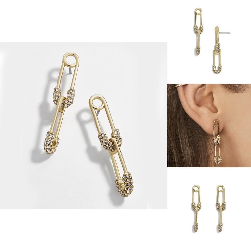 Elegant Gold Alloy Double Safety Pin Earrings Unique Exaggerated Womens Jewelry