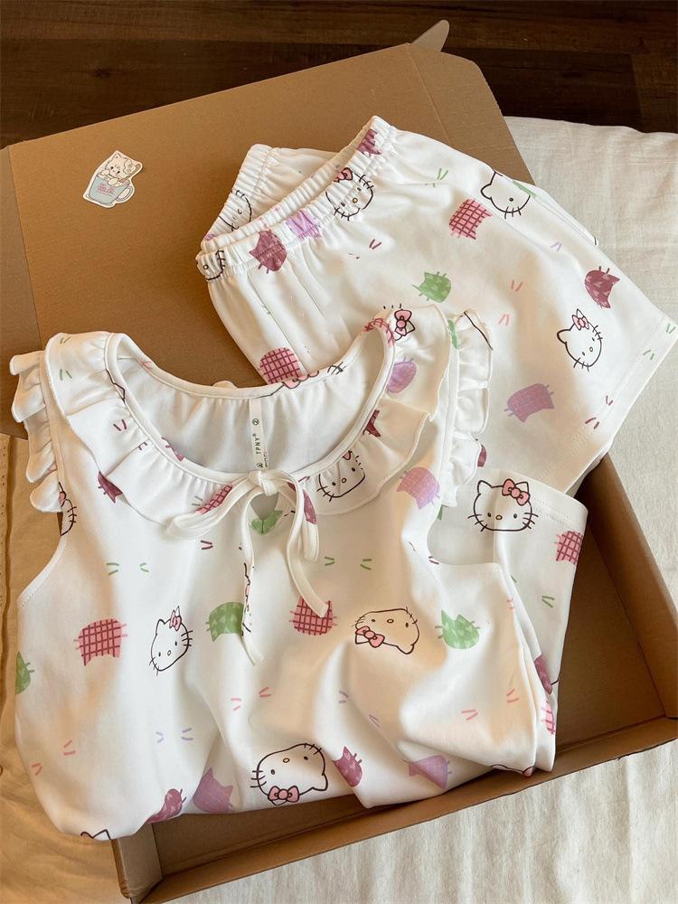 Lace suspenders Hello Kitty pajamas women s summer lace shorts two-piece loungewear soft cute princess style pajamas S
