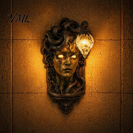 Warm Atmosphere Side Light Retro Gorgon Wall Lamp, Mythical Snake Hair Woman Resin Sculpture, Dark Style Garden Fixture Artistic Mounted for