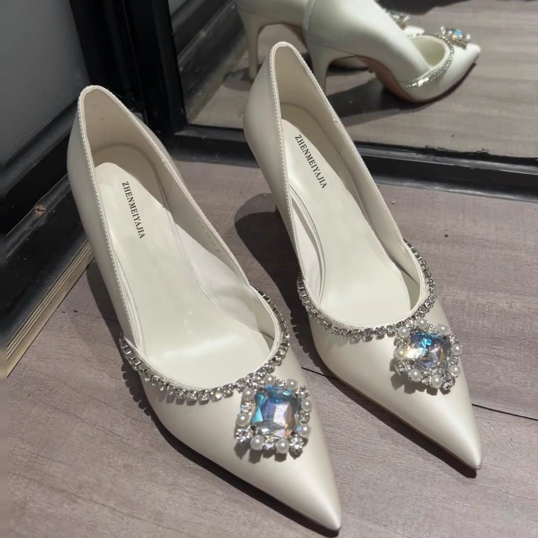 

Fashion French champagne-colored high heels for women, 2025 new style, pointed-toe rhinestone, elegant and slender single shoes 39 белый