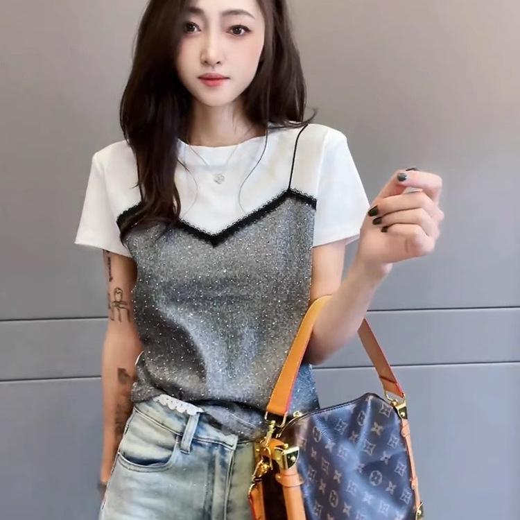 2026 Summer Women's Casual Sequin Patchwork Round Neck T-shirt