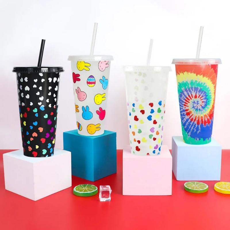710ml PP Reusable with Straws Creative Water Cups Changing Colour Magical Plastic Cold Water Color Changing Cup for Halloween