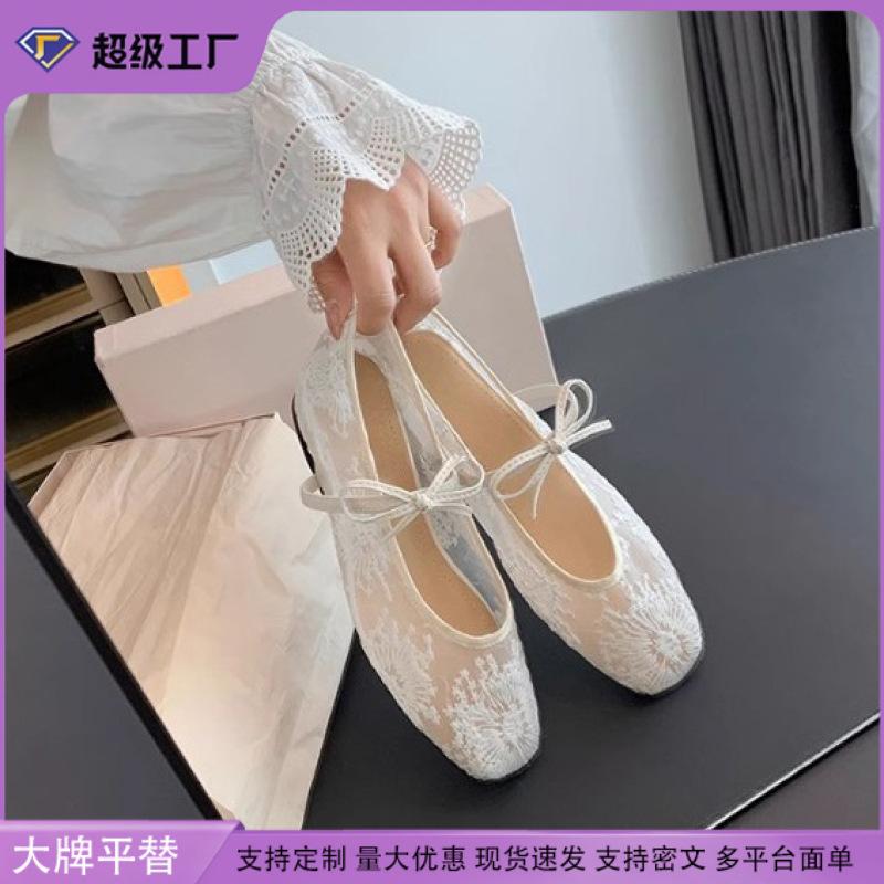 Grape mother summer new shallow mouth single shoes women's lace breathable bow word with comfortable soft sole flat shoes women