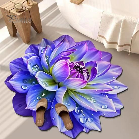 Shower Floor Mat 3D Flower Area Rug Realistic Floral Pattern Plush Absorbent Bathroom Non-Slip Soft Velvet for Living Room Bedroom Kitchen Entryway
