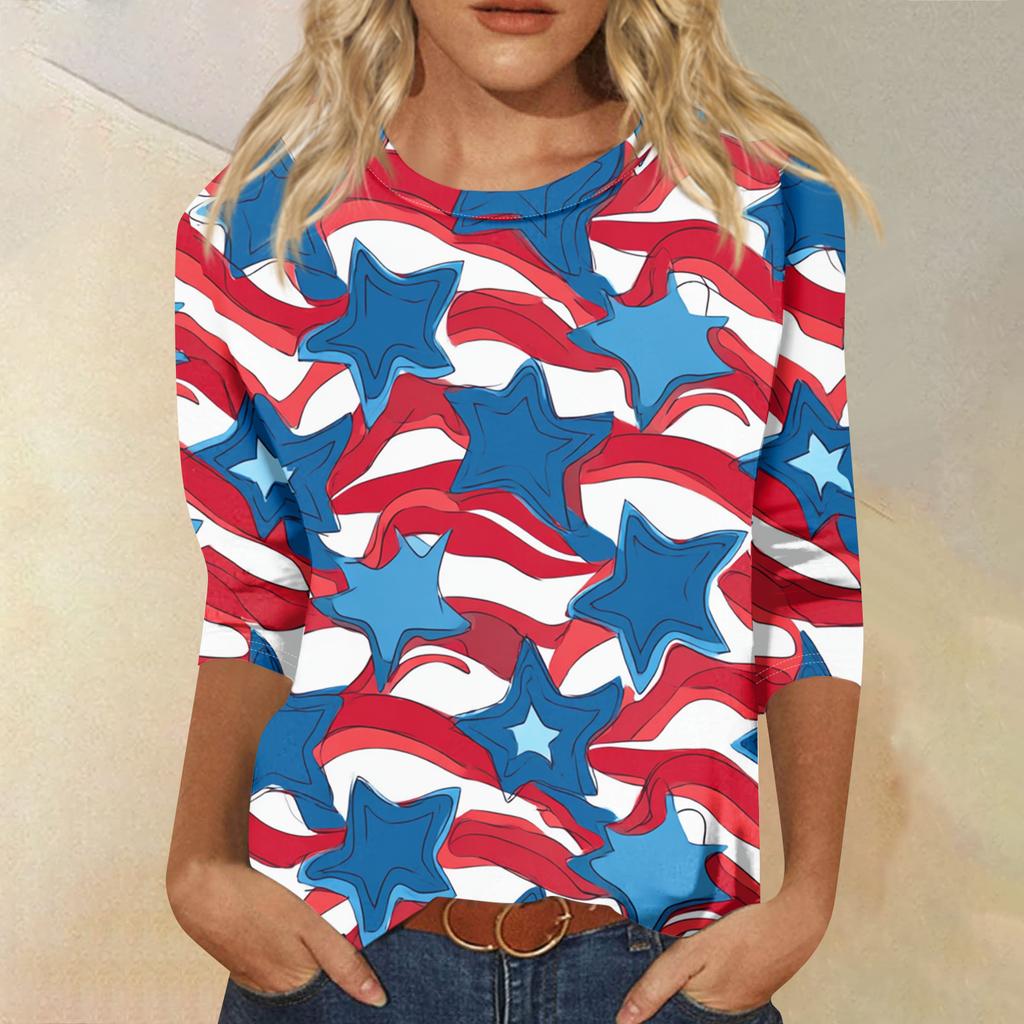 Women's Fashion Casual Seven-Sleeve Independence Day Print Round Neck Top
