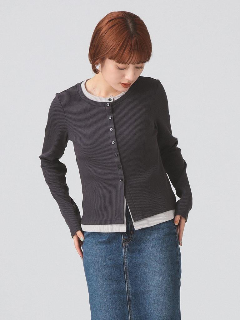 Ray Beams Women's L/S TEE RIB Layered Cardigan, Gray Free