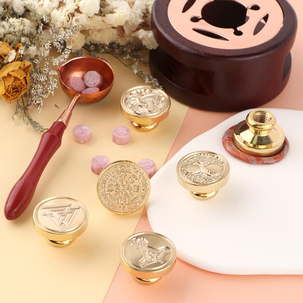 Viking Rune Vegvisir Wax Seal Stamp Compass, Scales Pattern Retro Sealing Wax Stamp 25mm Removable Brass Head for Envelope Card