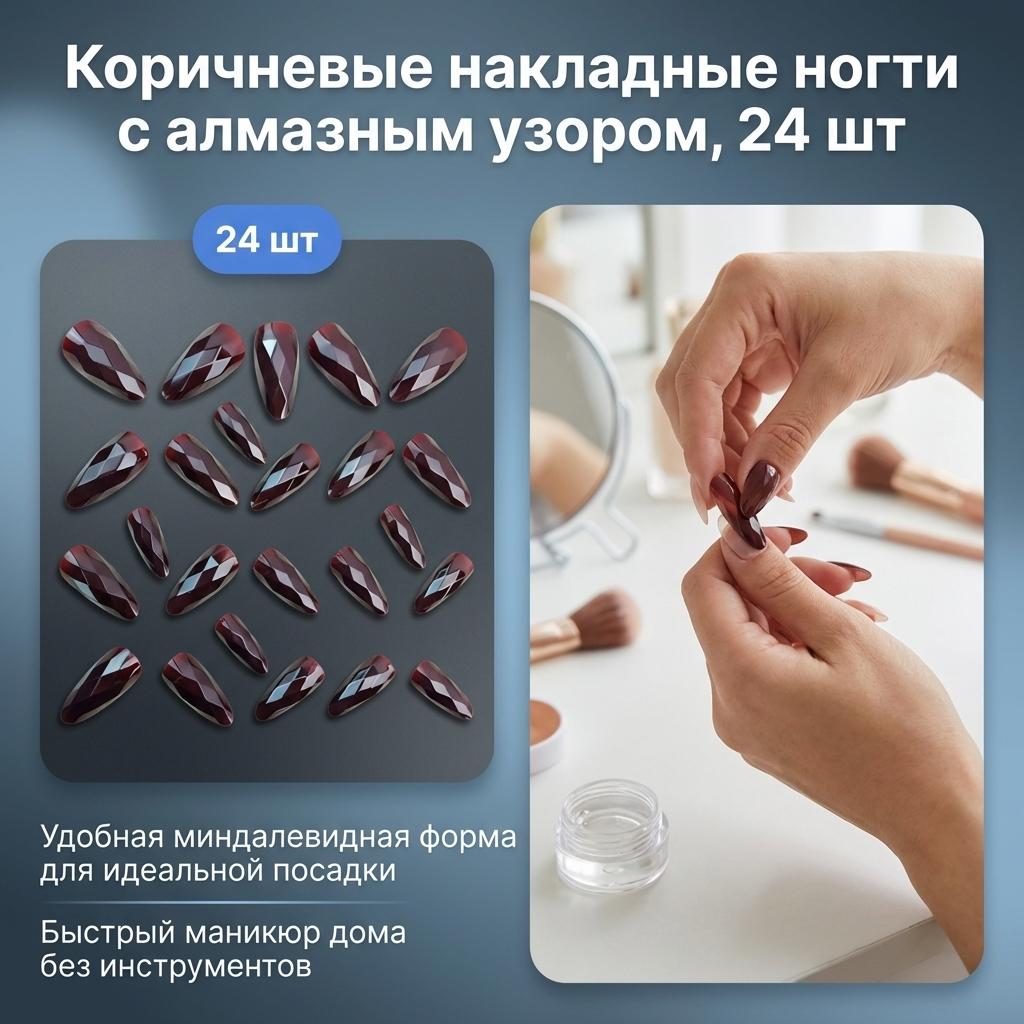 Brown Diamond Pattern Almond False Nails 24 Pieces Durable ABS Plastic For Weddings Parties