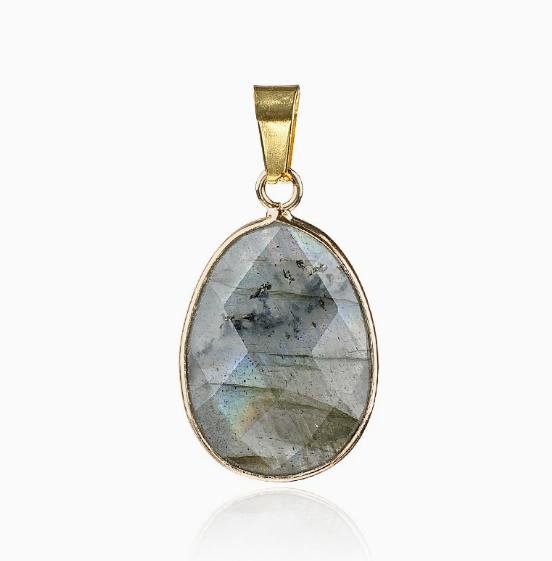Natural Gemstone Drop Pendant Gold Edge Gemstone Faceted Oval Charm Semi-precious Crystal Necklace Pendant Amethyst Quartz Agate