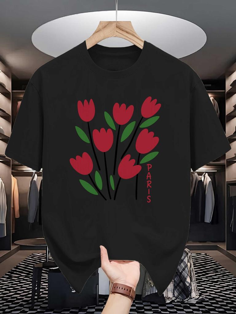 Unisex Crew Neck Tee Simple Red Tulip Paris Floral Graphic Print Soft Cotton Loose Short Sleeve Summer Casual Male Streetwear Tops