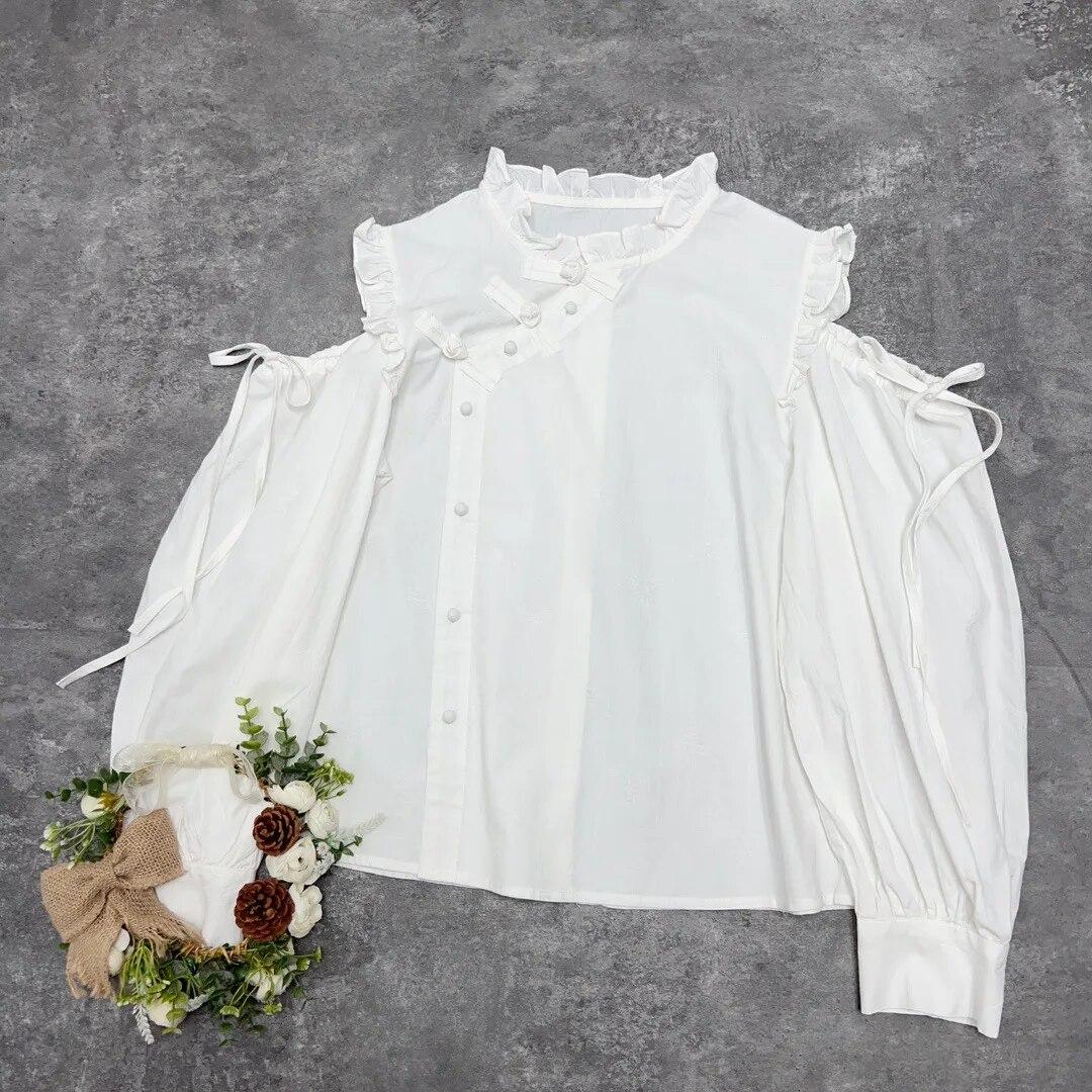 

Johnature, хлопковая рубашка с длинными рукавами и пряжкой в ​​китайском стиле, женские весенне-осенние свободные топы с открытыми плечами и вырезами One Size белый