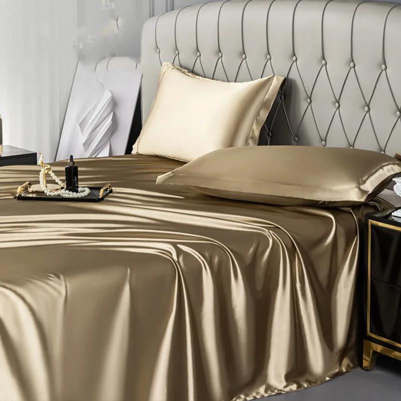 Satin Silk Bed Sheets for Summer Plain Flat Sheet for Double Bed Twin/Full/Queen/King Size Bed Linen (pillowcase Need Order)