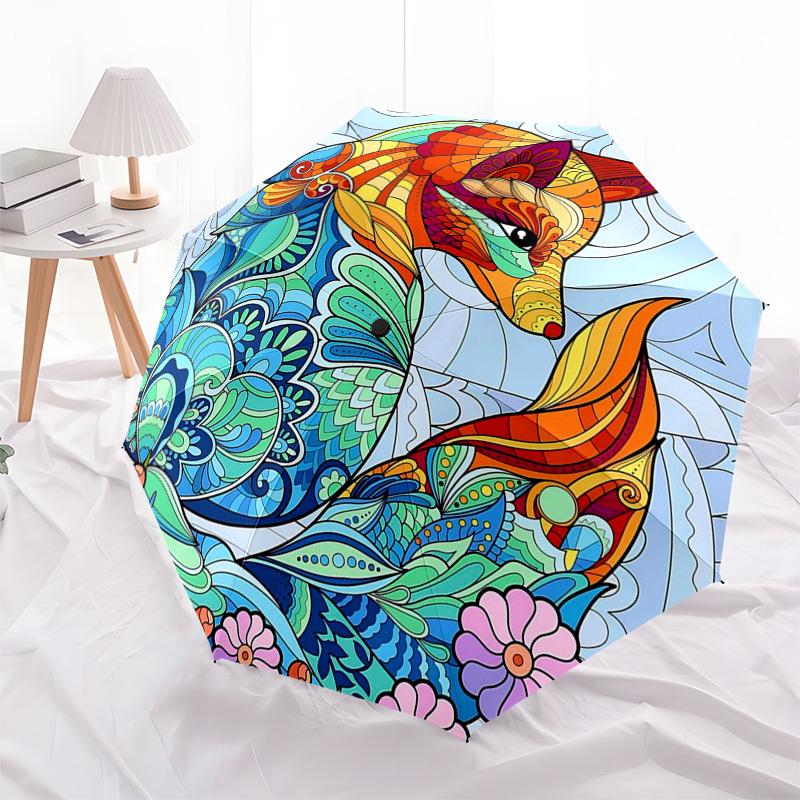 1pc Stained Glass Fox: Auto-Folding Umbrella with 3-Fold Design, 8-Bone Iron Frame - Outdoor for Fans, Travelers, Daily Use, Festive Gift.J048