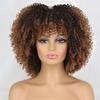 MISS WIG Kurze, lockige, synthetische, hitzebeständige Faser-Perücke, Schwarzbraun, mit Pony, Afro-Farbverlauf, Cosplay-Perücken