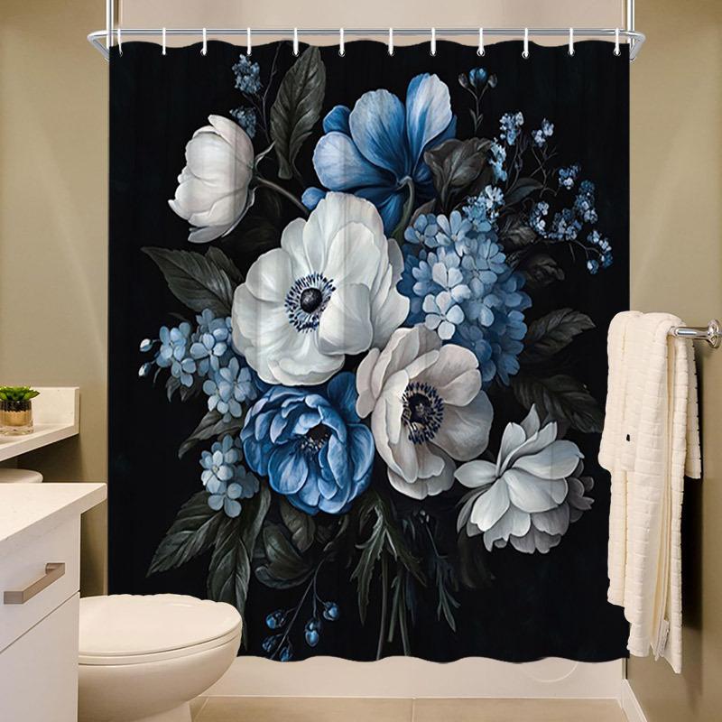 1 szt. Hiperrealistyczna Zasłona Prysznicowa z Anemonem i Hortensją - Białe, Niebieskie, Kremowe Kwiaty, Czarny Tło, Poliester