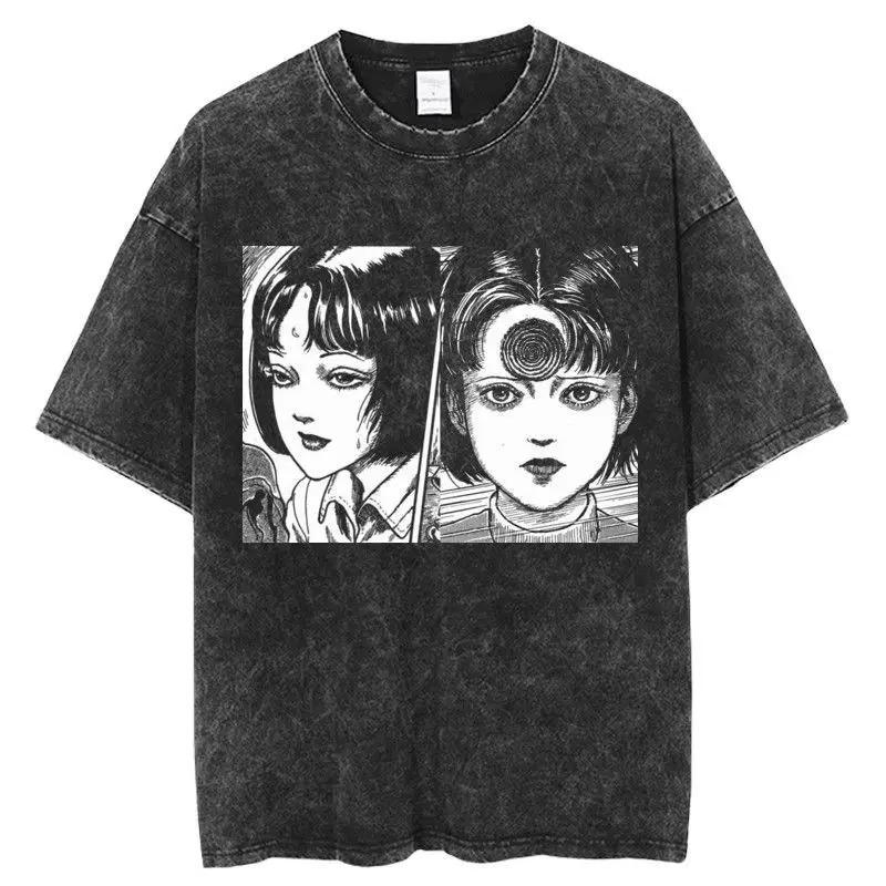 Junji Ito Horror Manga Uzumaki & Tomie Acid Wash Graphic Unisex Heavyweight Cotton Oversized Streetwear T-Shirt L
