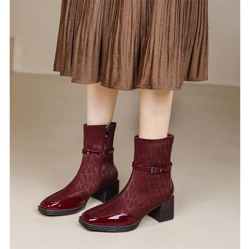 Customized Women's Boots~ High Heel Short Boots Women's 2025 New Chinese Red Wedding Boots Side Zipper Thick Heel Boots Medium Boots