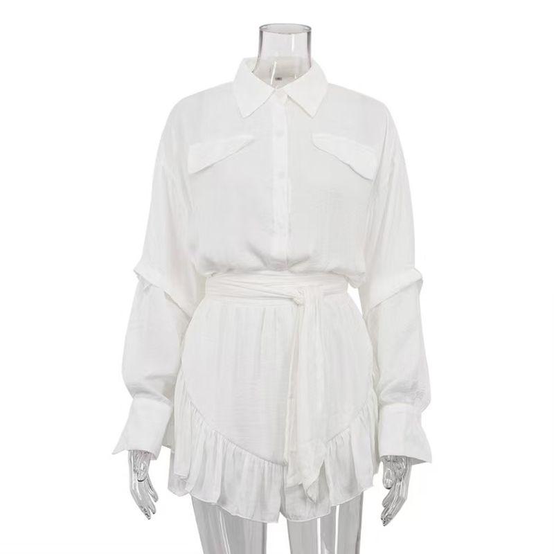 Fashion Style New Vacation Long Sleeves Patchwork Shirt Ruffles Mid-Length Dress Set Shirt and Skirt Set