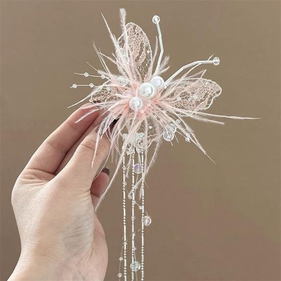 Damen Haarnadel Imitation Perle Feder Schmetterling Dekor Haarspange mit Perlen Quaste Süße Haaraccessoires