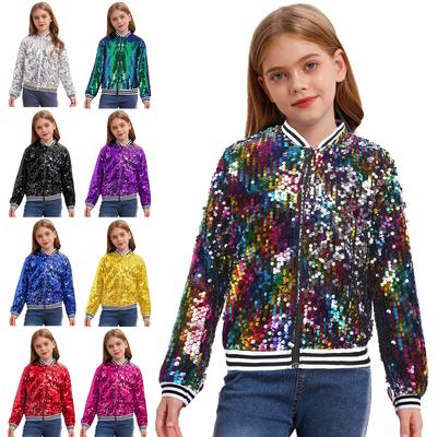 Kids Girls Shiny Sequin Bomber Jacket Long Sleeve Zip Up Outwear Top Sparkly Glitter Coat Hip Hop Outfits
