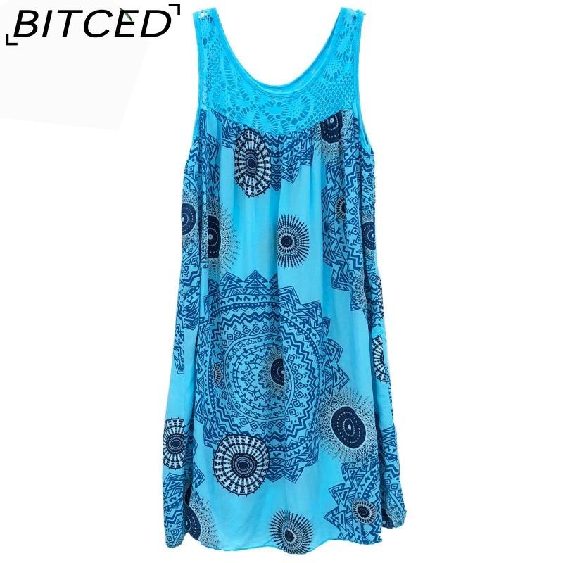 BITCED Moda damska Letnia wiosna Jednolity kolor Drukuj Bez rękawów O-Neck Wysoka talia Casual Sukienki