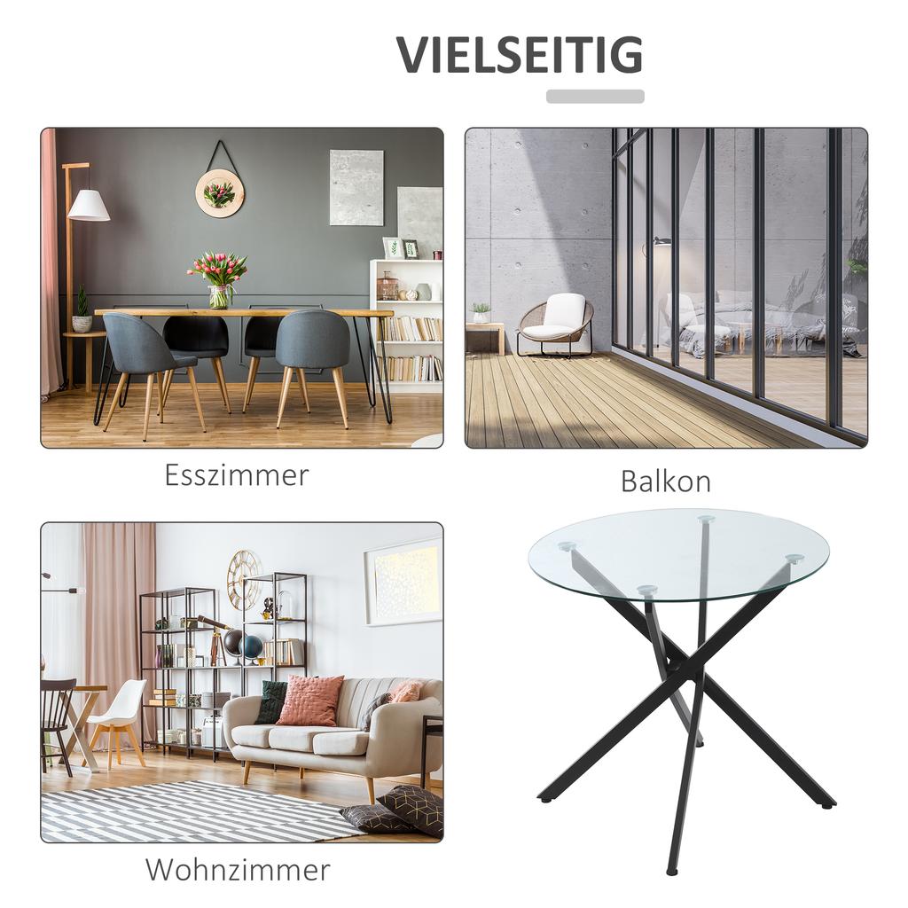 Dining Table with Clear Tempered Glass Top, Round Table with Metal Legs, Modern Kitchen Table for Dining Room Living Room, Black
