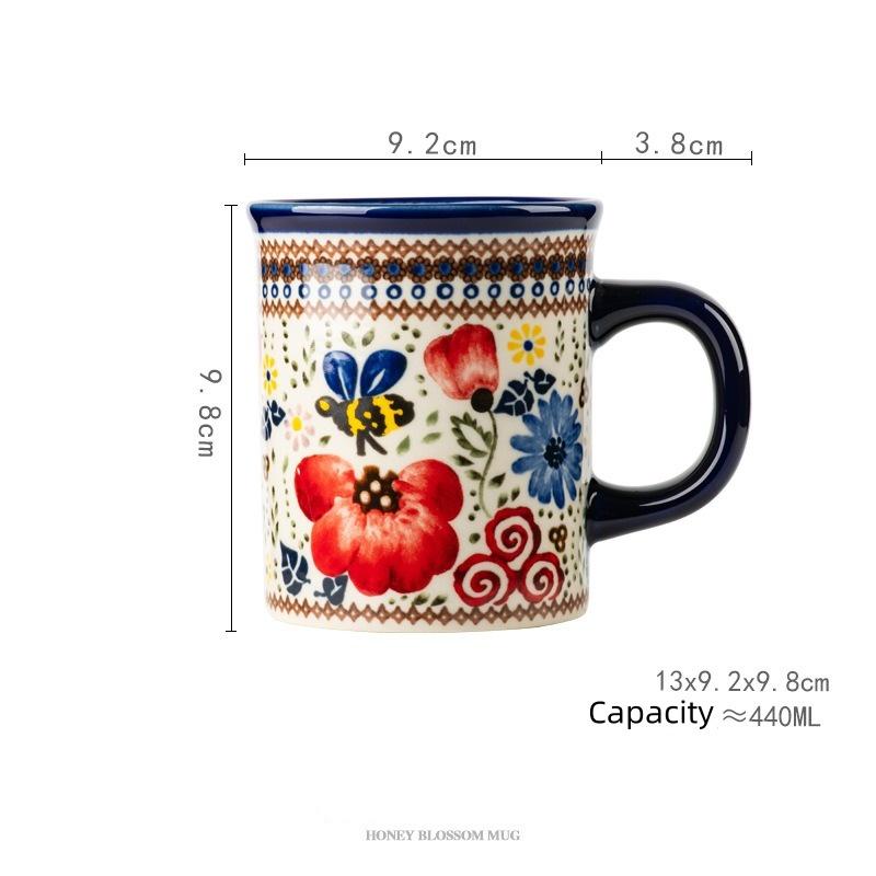 Bohemian Floral Ceramic Mug, Vintage Style Red Blue Flower Coffee Cup for Home & Gift