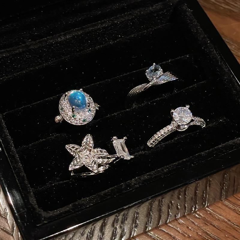 [Crystal Diamond Whispers] High-End Full Diamond Zir*****Pen Ring Moonstone Flower Niche Design Personalized Diamond Ring