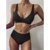 Big Pit Strip High Waist Pure Color Bikini Double Shoulder Belt Split Swimsuit Women's Swimsuit