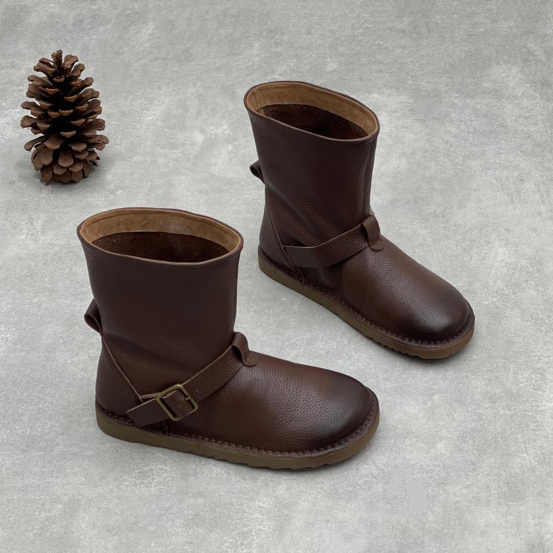 

Johnature Genuine Leather Flat Mid-calf Boots Versatile Round Toe Soft Cowhide Women s Shoes 35 кофейный