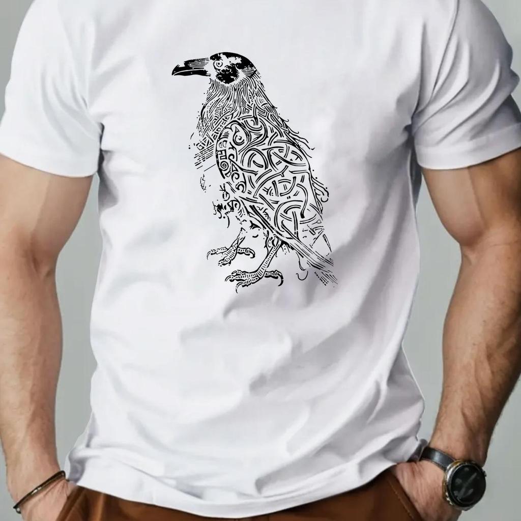 Men Raven Graphic Cotton TShirt Casual Crew Neck Short Sleeve Summer Tee with Intricate Crow Design Casual Attire