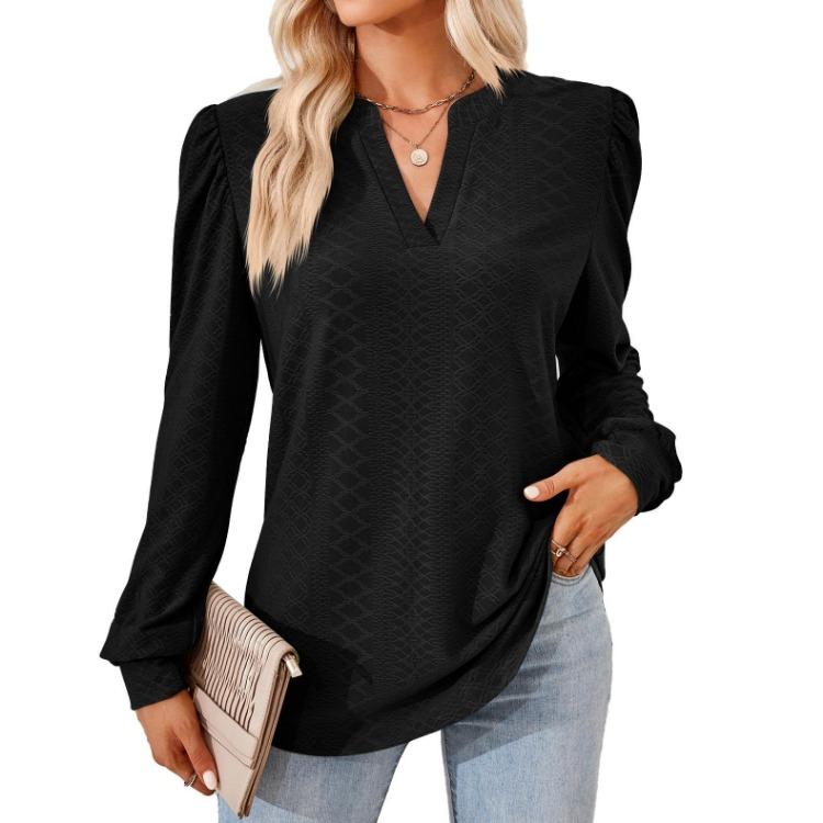 V-neck Long Sleeve T-shirt Women Loose Top Solid Jacquard Splice Design