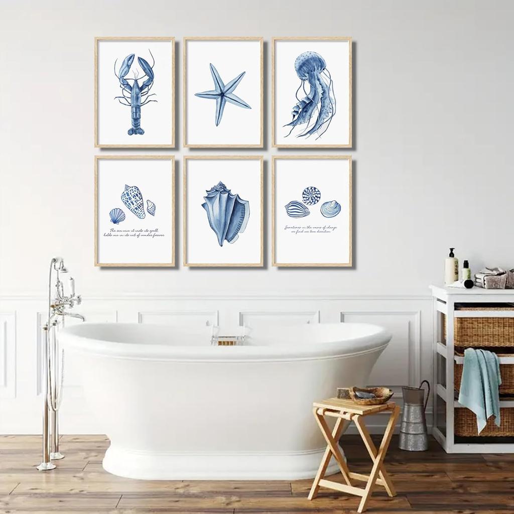 6 Pcs Blue Coastal Wall Art Watercolor Starfish Conch Jellyfish lobster Painting Cute Sea Life Poster Print for Modern Waterfront Themed Home