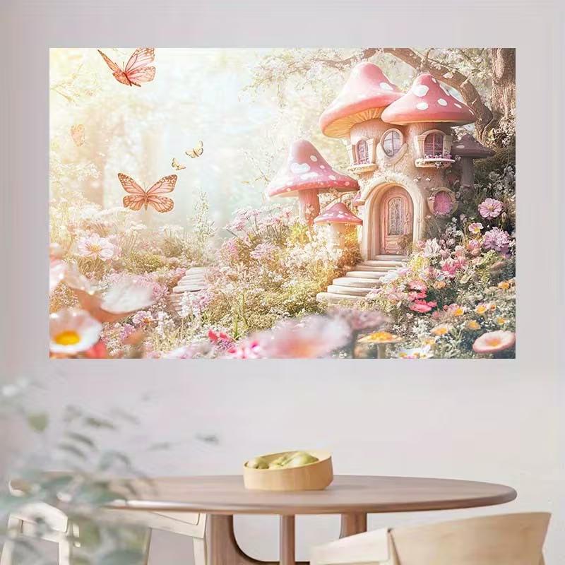 

2D Fantasy Mushroom Home Tapestry, Soft Pink Floral Fairy Tale Background for Home Decor 47.2x31.5inch/120*80cm