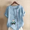 Women's New Fashion Linen Shirt Round Neck Short Sleeve Boy Printed T-shirt Summer Ladies Casual Plus Size Blouse Tops