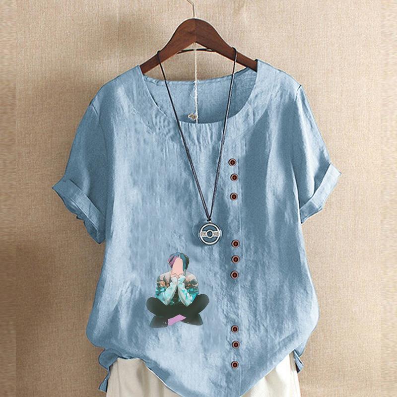 Women's New Fashion Linen Shirt Round Neck Short Sleeve Boy Printed T-shirt Summer Ladies Casual Plus Size Blouse Tops