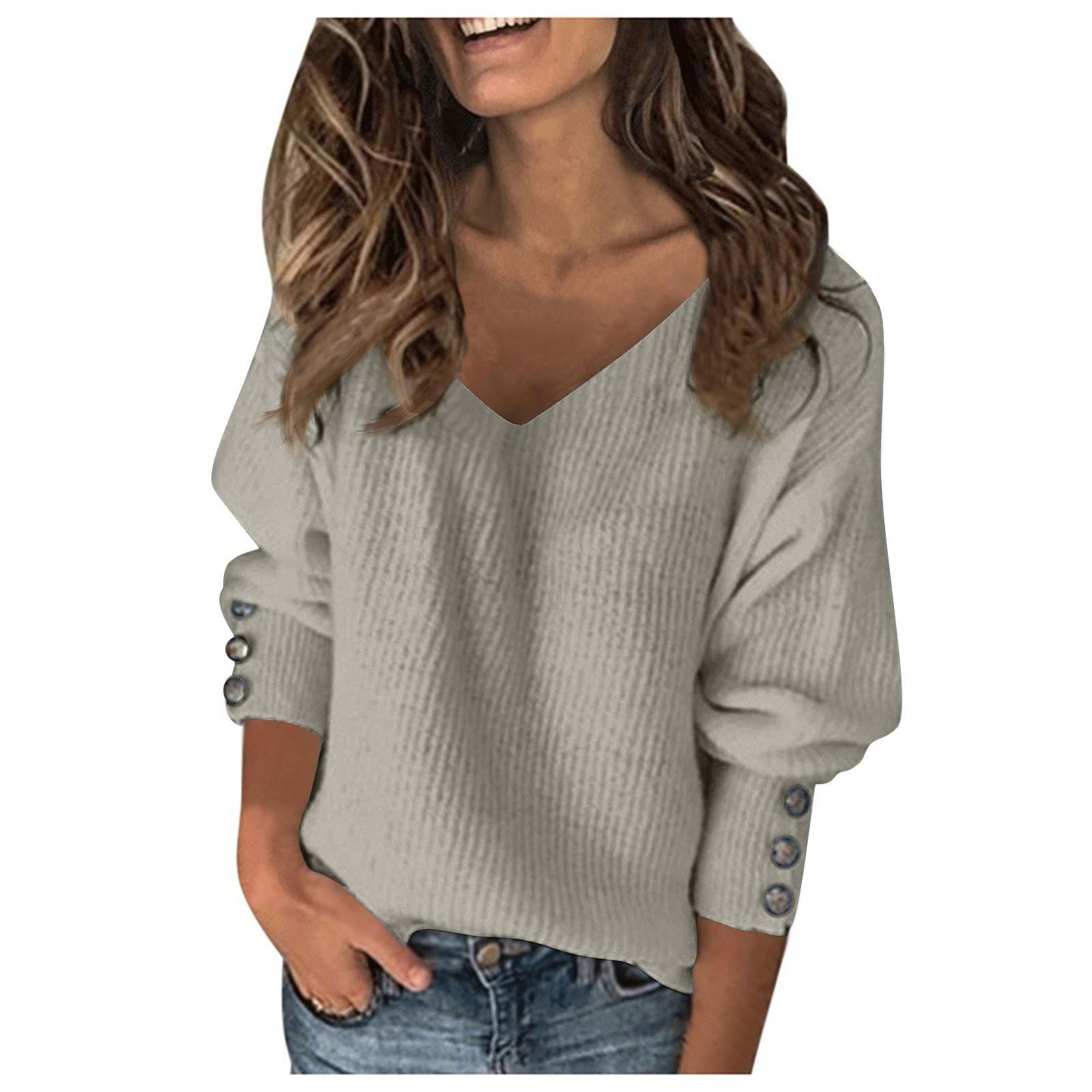 

Женский однотонный вязаный сексуальный свободный свитер с длинными рукавами и v-образным вырезом XXXXXL