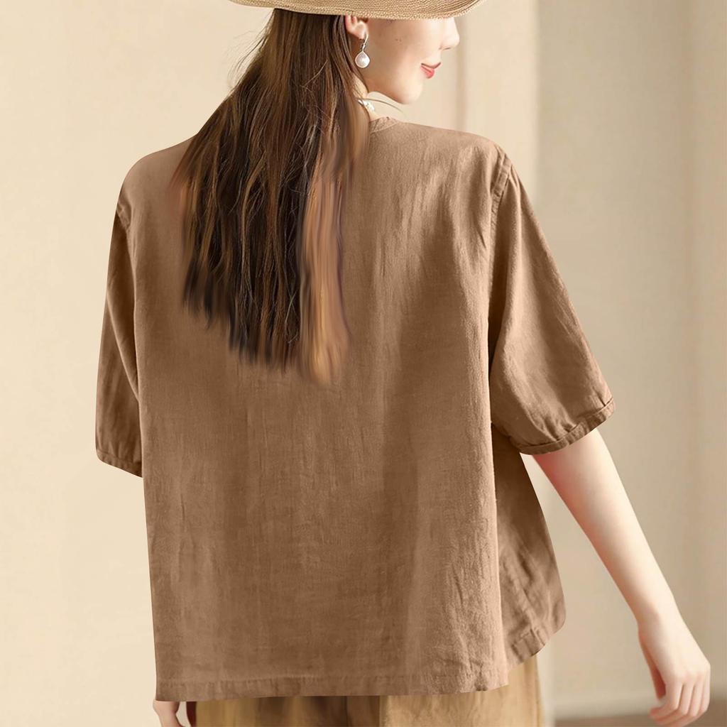 Women's Vintage Oversized Literary Cardigan Cotton-Linen Blend With Pockets Single Breasted Button Up Short Sleeve Top With Elegant Appeal
