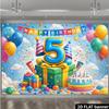 2D Plane 1 Birthday Party for 5-year-old Child. Theme of 5th Birthday Accompanied by Colorful Balloons and Birthday Cake.